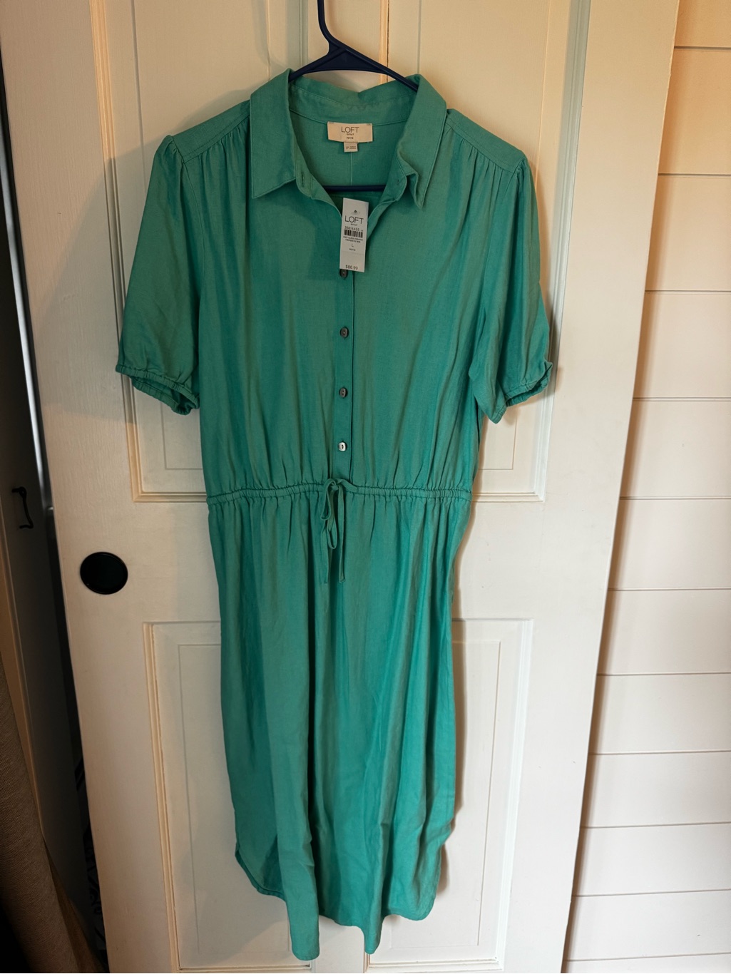 Loft Teal Button-Front Drawstring Shirt Dress